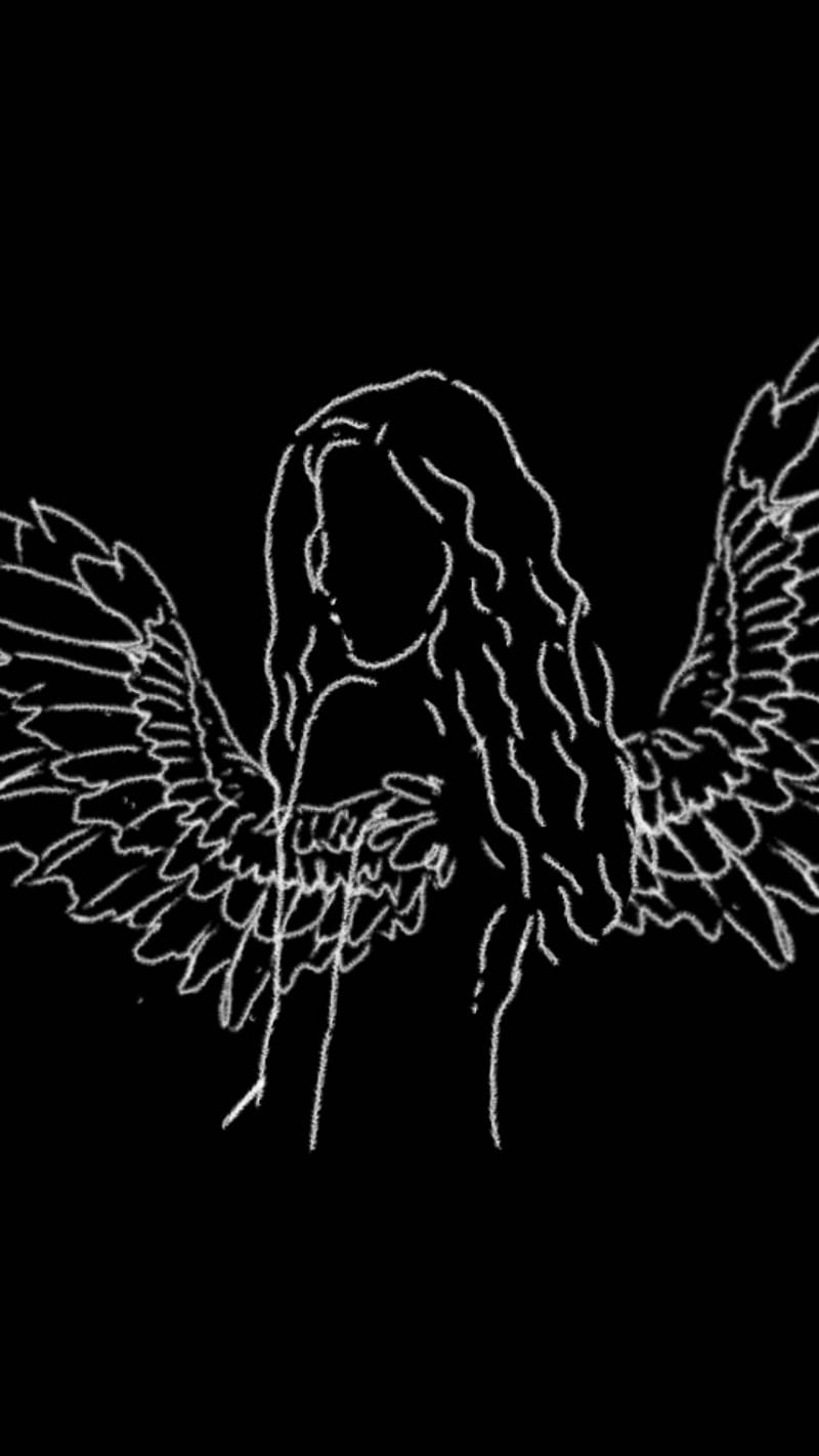 winged girl , angel, art, black, blackandwhite, girl, new, sad, screen, simple, vector, HD phone wallpaper
