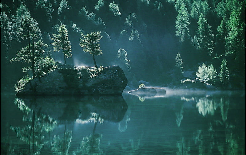 Dreamscape, tree, green, lake, HD wallpaper