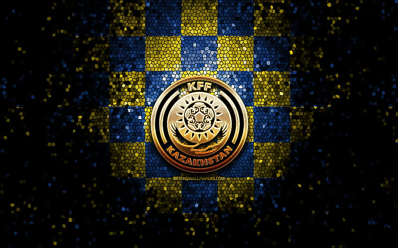 Kazakh football team, glitter logo, UEFA, Europe, blue yellow checkered background, mosaic art, soccer, Kazakhstan National Football Team, KFF logo, football, Kazakhstan, HD wallpaper