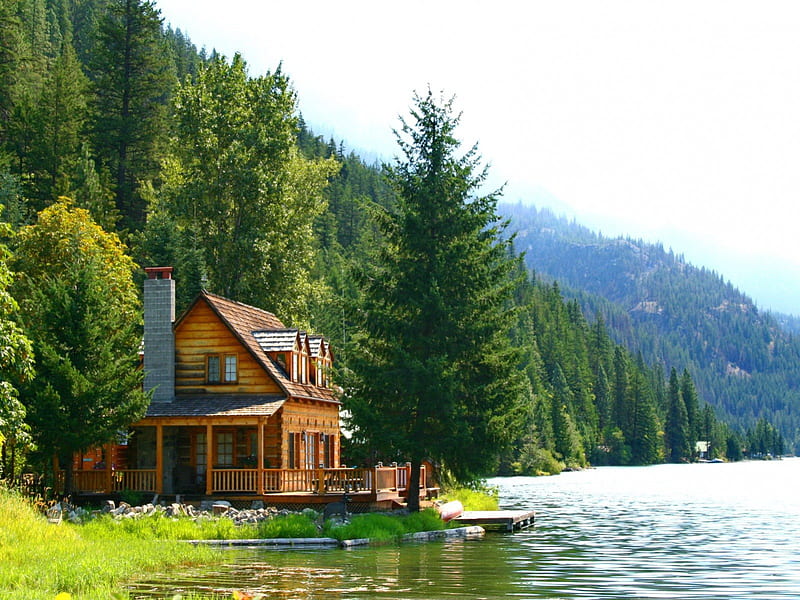 Lake house, pretty, house, riverbank, shore, cottage, cabin, bonito,  mountain, HD wallpaper | Peakpx