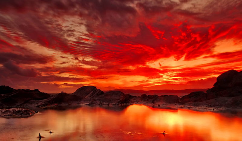 Red landscape, red, amazing, glow, fiery, bonito, sunset, sky, lake, water, nature, river, island, reflection, HD wallpaper