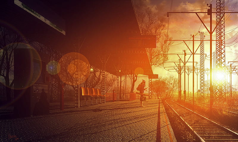 Anime, Original, Railroad, Sunlight, Train Station, Woman, HD wallpaper