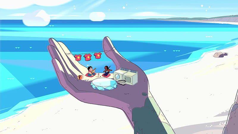 Steven Universe Connie Maheswaran With Violin Steven With Guitar Playing Music On A Big Hand Drying Clothes On Rope Between Thumb And Index Finger With Background Of Beach And Mountain Movies, HD wallpaper