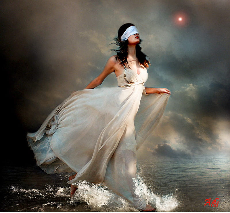 Awaiting the Myth, romantic, gown, diaphanous, blindfold, scarf, chiffon, floating, silk, HD wallpaper