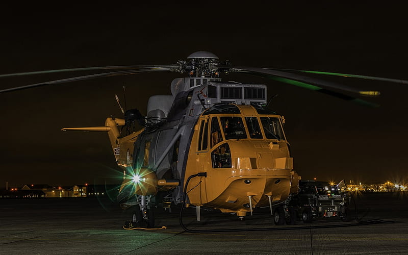 Sikorsky S-61 Sea King, rescue helicopter, night, military airfield, transport helicopter, Sikorsky, HD wallpaper