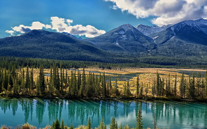 Bow River, RIVER, CLOUDS, BOW, WATER, HD wallpaper