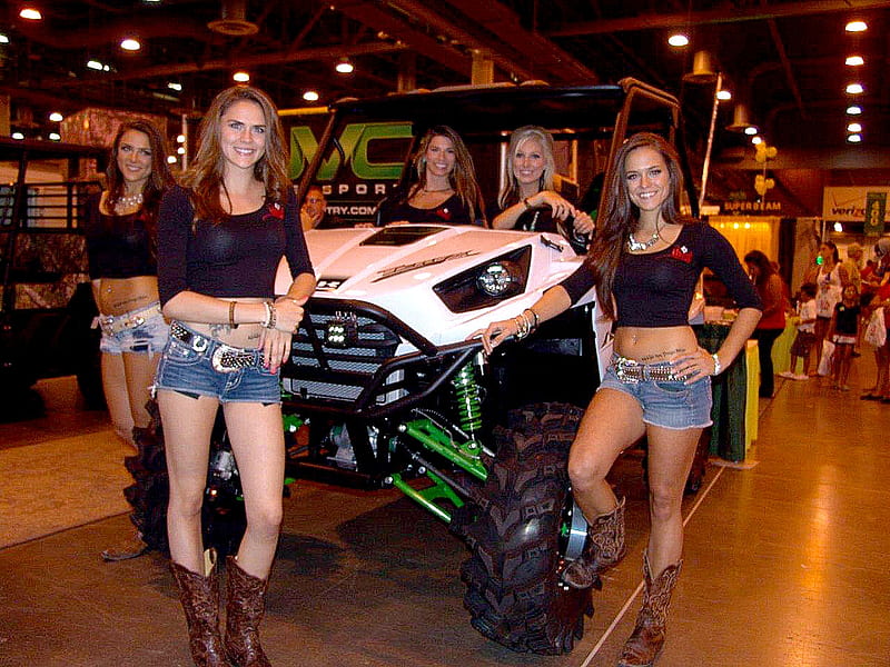 Can You Drive . ., female, models, ATV, cowgirl, boots, ranch, expo, fun, women, inside, girls, blondes, western, style, HD wallpaper