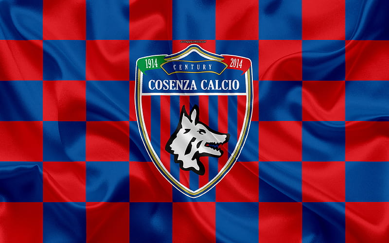 Cosenza Calcio logo, creative art, blue red checkered flag, Italian football club, Serie B, emblem, silk texture, Cosenza, Italy, football, Cosenza FC, HD wallpaper