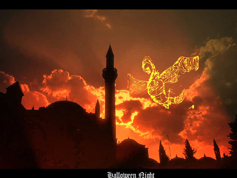 Halloween Night, halloween, golden, clouds, dragon, golden sky, fire, sun set, city, gothic, dark, night, HD wallpaper