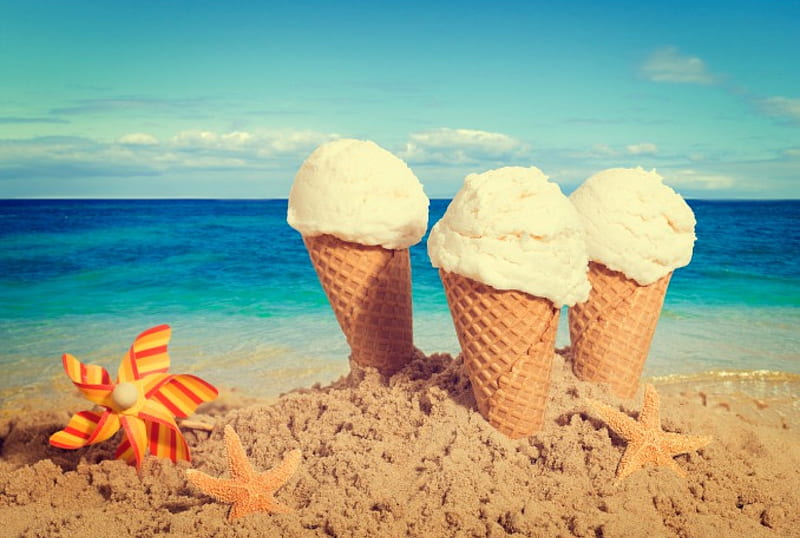 Ice Cream, beach, sand, yummy, summer, sea, HD wallpaper