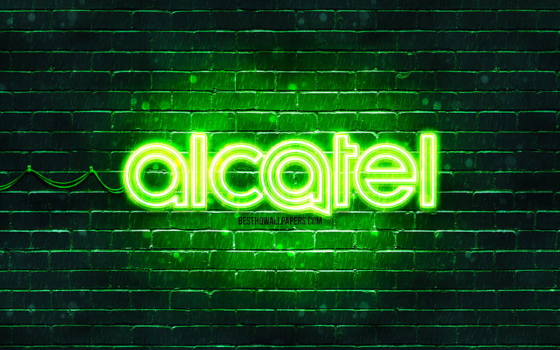 Alcatel green logo, , green brickwall, Alcatel logo, brands, Alcatel neon logo, Alcatel, HD wallpaper