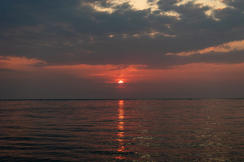 sunset, glare, sea, horizon, clouds, HD wallpaper