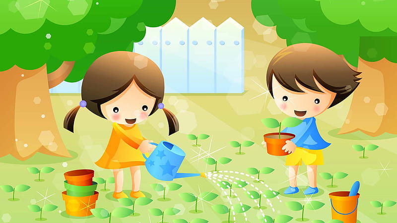 Girl Is Pouring Water On Plants Kids, HD wallpaper