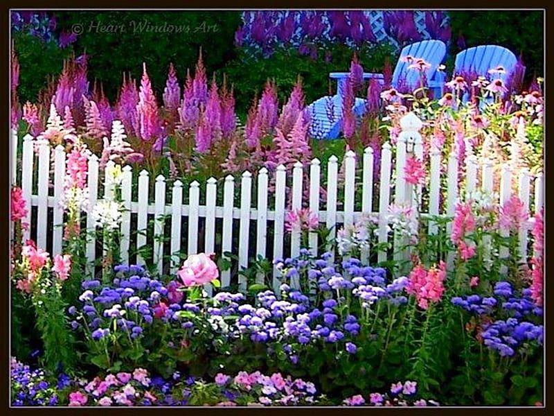 Gardeners Delight, chairs, flowers, picket fence, garden, white, blue, HD wallpaper