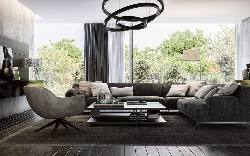 stylish modern interior, living room, loft style, dark wooden floor, large gray sofa, modern design, HD wallpaper