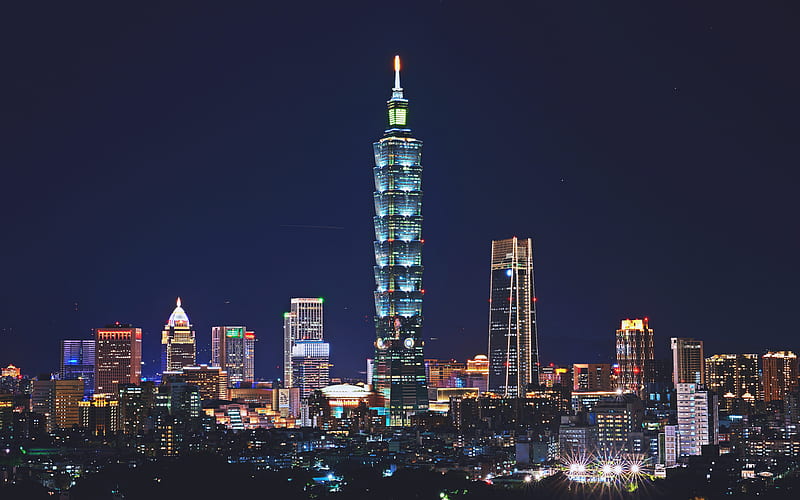 Taipei 101 panorama, nightscapes, skyscrapers, night city, modern buildings, Taiwan, China, Asia, HD wallpaper