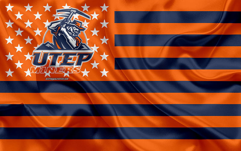 UTEP Miners, American football team, creative American flag, orange-blue flag, NCAA, El Paso, Texas, USA, UTEP Miners logo, emblem, silk flag, American football, HD wallpaper