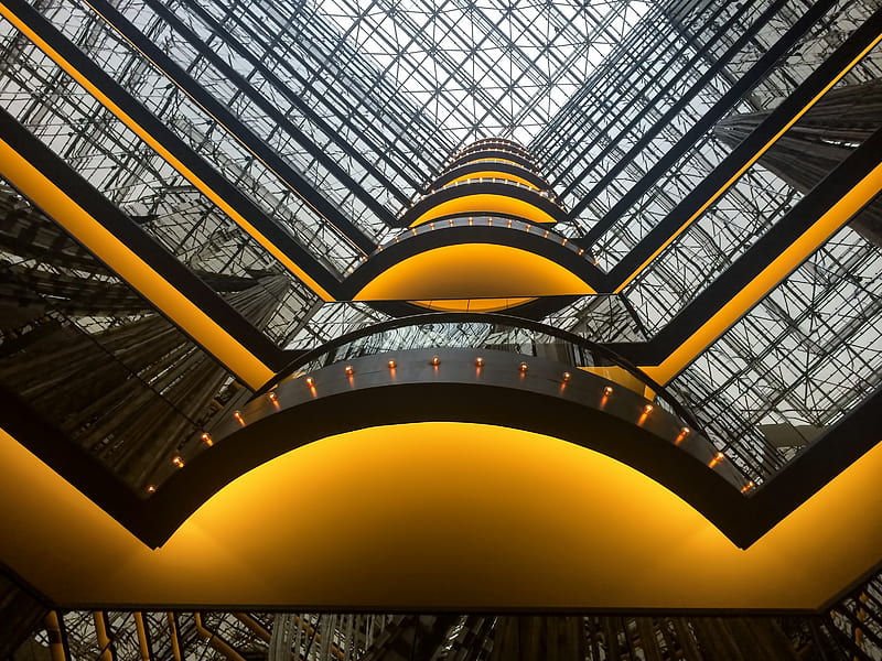 building, architecture, glass, reflection, bottom view, yellow, HD wallpaper