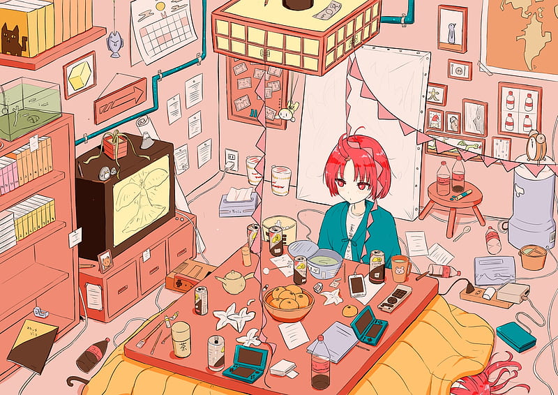Anime girl, room, kotatsu, tools, gaming console, Anime, HD wallpaper |  Peakpx