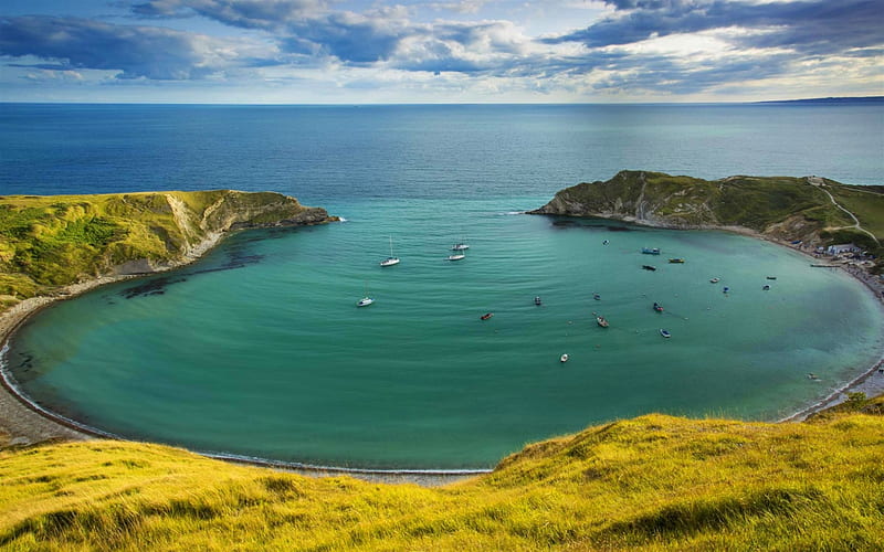 Lulworth Bay, yachts, boats, rocks, Dorset, English Channel, England, Jurassic Coast, United Kingdom, HD wallpaper