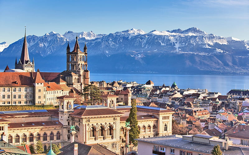 Lake Geneva, Lausanne, morning, sunrise, Alps, mountain landscape, Lausanne cityscape, Switzerland, HD wallpaper