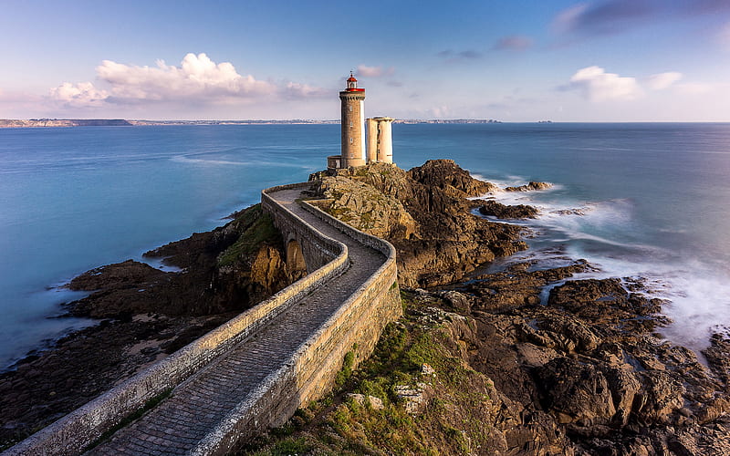 old lighthouse, Celtic sea, evening, stone bridge, coast, Atlantic Ocean, Brittany, France, HD wallpaper