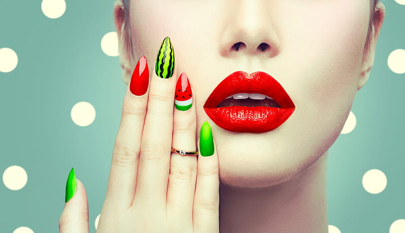 Watermelon style, red, mouth, nails, woman, lips, fruit, green, watermelon, makeup, summer, stuff, blue, HD wallpaper