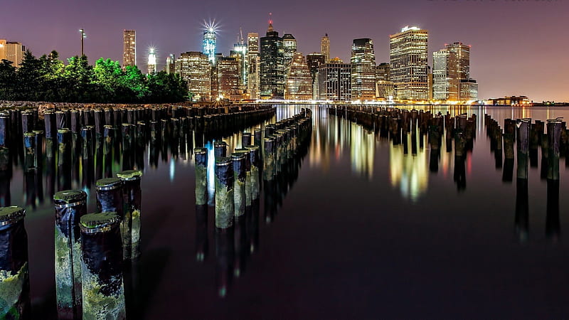 east river pylons in new york city, city, rive, pylons, lights, night, HD wallpaper