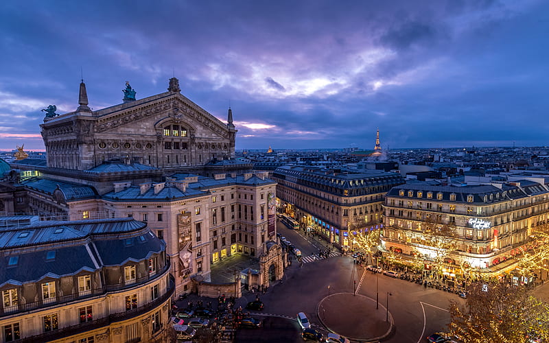 Grand Opera, Paris, Palais Garnier, Garnier Palace, Paris panorama, evening, sunset, Eiffel Tower, Paris cityscape, France, HD wallpaper
