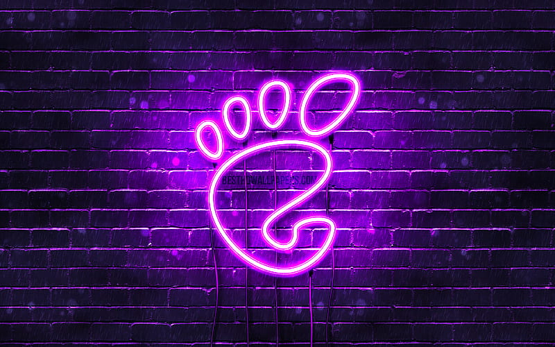 Gnome violet logo, violet brickwall, Gnome logo, Linux, brands, Gnome neon logo, Gnome, HD wallpaper