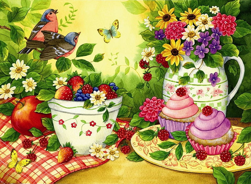 Picnic, art, pasare, sweet, dessert, cupcake, fruit, jane maday, fodd, butterfly, bird, cup, flower, garden, pink, HD wallpaper