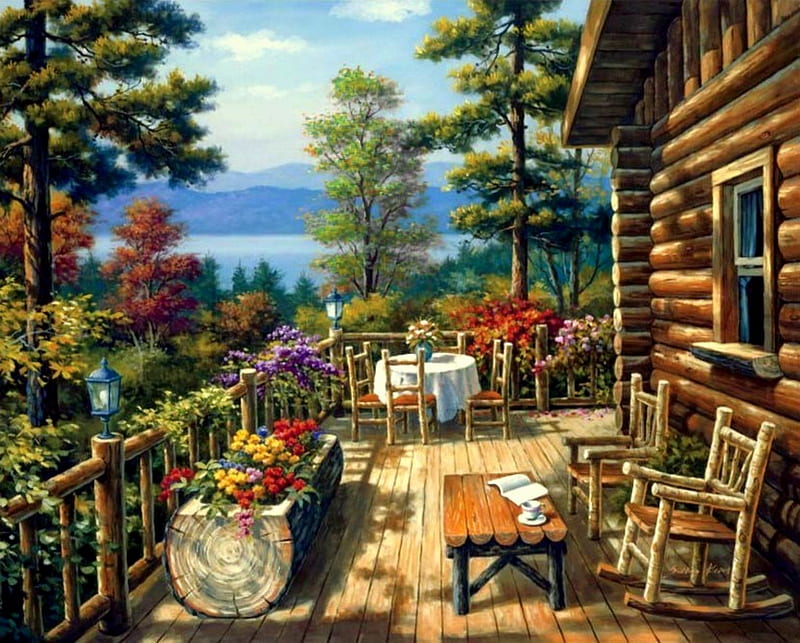Woodland Paradise, book, vase, cabin, flowerbox, coffee cup, railing, chairs, flowers, rocking chairs, deck, table, lanterns, trees, lake, water, porch, evergreens, pine trees, HD wallpaper