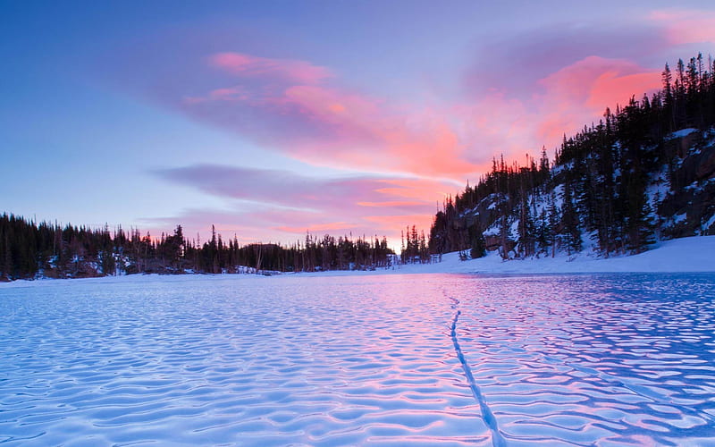 Frozen Lake Sunset-natural scenery, HD wallpaper