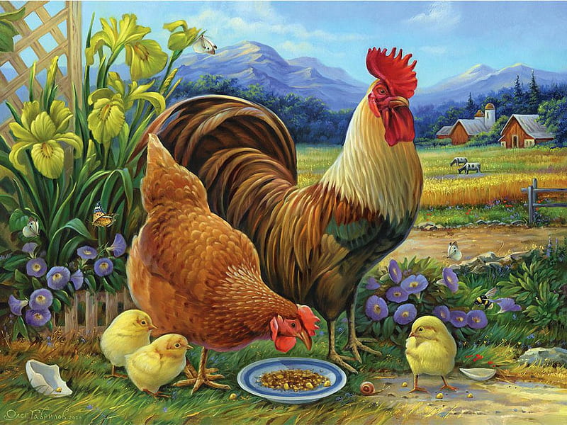 Amber Rooster And Family, flowers, hen, spring, chicken, painting, HD wallpaper