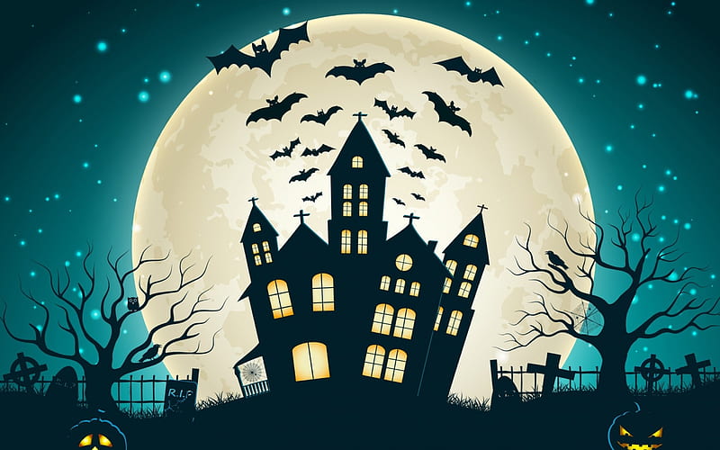 Happy Halloween!, house, moon, luminos, halloween, tree, fantasy, moon, bat, mansion, white, light, blue, night, HD wallpaper