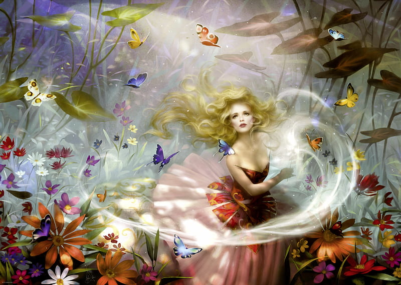 Make a Wish, pretty, art, fine, bonito, butterflies, woman, fantasy, nice, girl, digital, flowers, nature, fairy, HD wallpaper