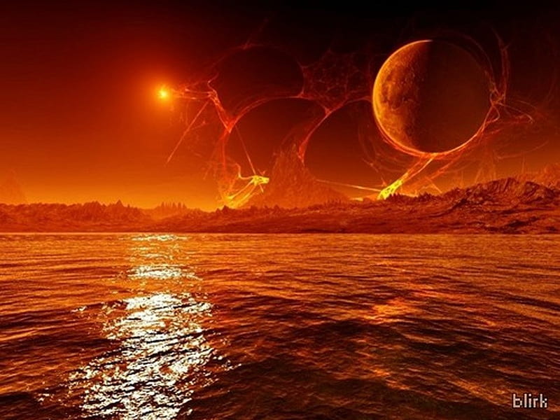 sea on Mars, red sea, planet, red sky, HD wallpaper
