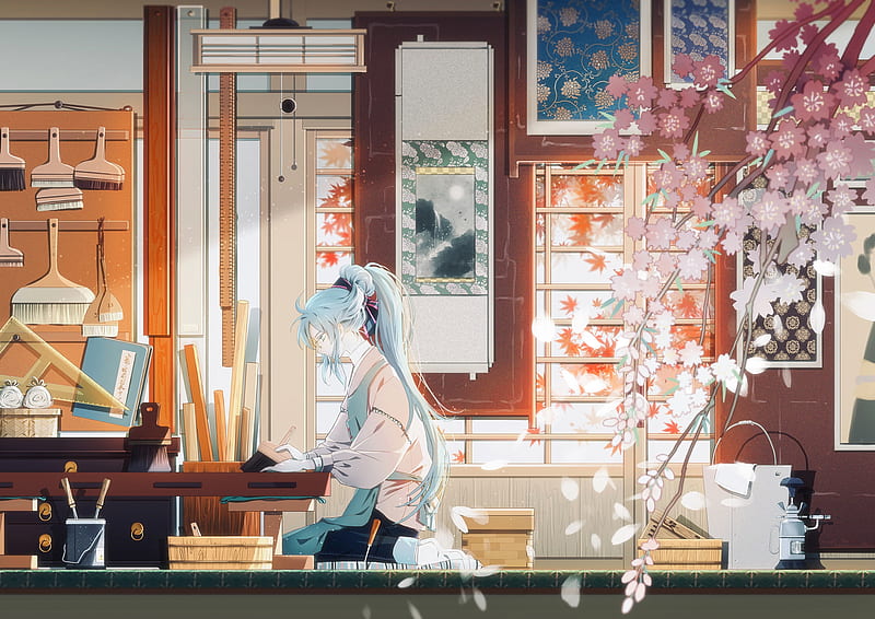 hatsune miku, traditional house, vocaloid, cherry blossom, Anime, HD wallpaper