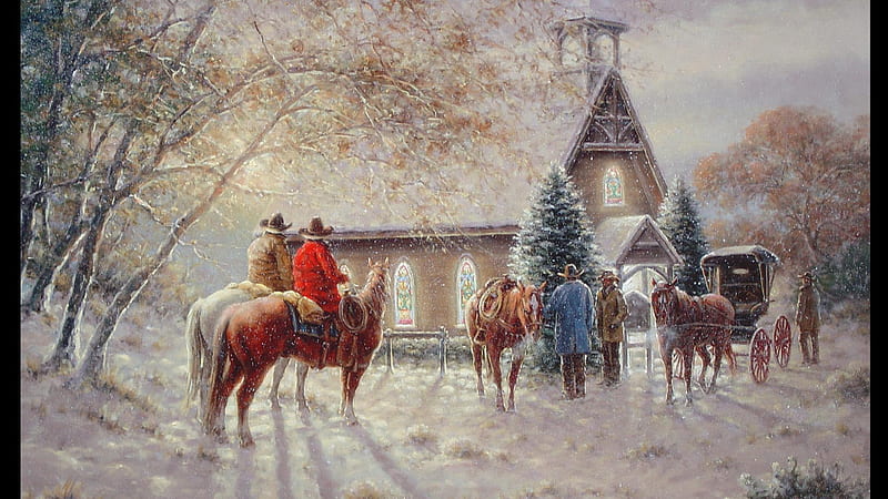 Gathering at the Church, Snow, Painting, Cowboys, Winter, Buggy, bonito, Bell Tower, Bushes, Art, Stained Glass Windows, Trees, Church, HD wallpaper