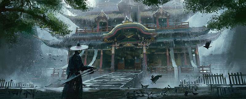 Temple, liu qing, raven, fantasy, bird, pasari, man, HD wallpaper