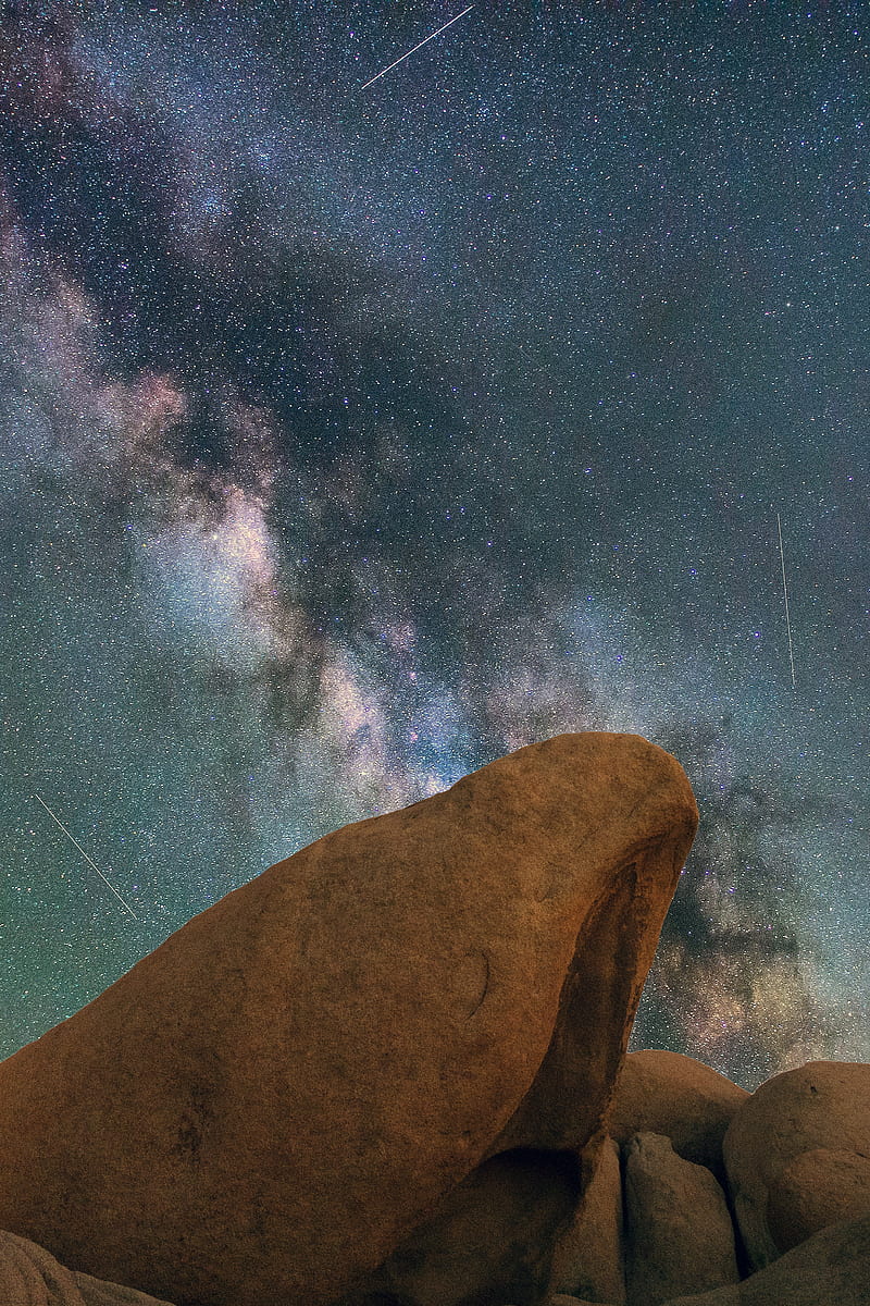 rocks, nebula, starry sky, stars, space, starfall, HD phone wallpaper