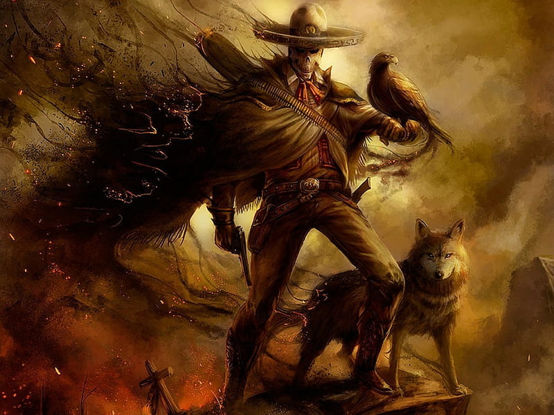 The Bandito Returns, Coyote, Gun, Fire, Hawk, Skeleton, HD wallpaper