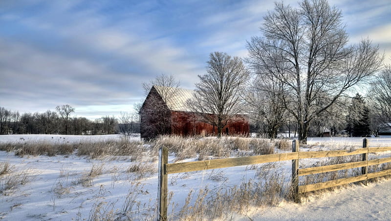 red barn on a farm in winter, fence, red, field, barn, winter, HD wallpaper