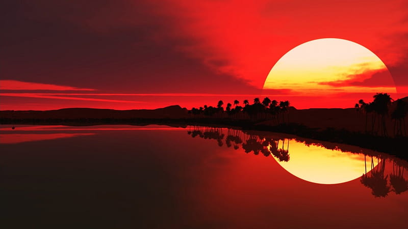 sunset on the lake, setting, red, sun, lake, HD wallpaper