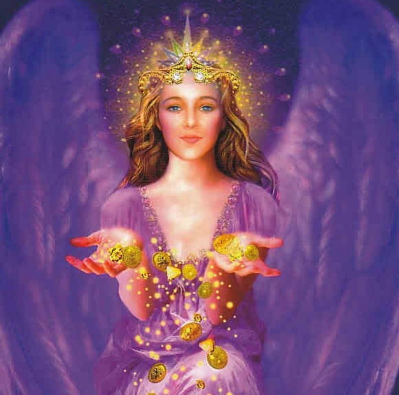 Angel of Prosperity, gold, wings, purple, angel, crown, coins, coin, HD wallpaper