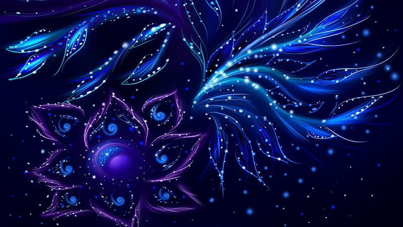 Blue Purple Flower Leaves Points Light Abstract, HD wallpaper