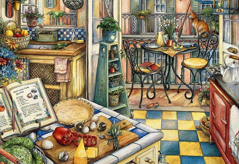 In the Kitchen, table, cheese, fruits, painting, chairs, flowers, oven, artwork, HD wallpaper