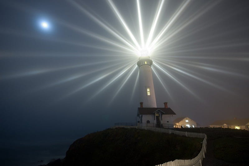 Lighthouse at night, lit up, night, coast, lighthouse, HD wallpaper