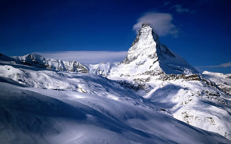 Matterhorn Valais, Switzerland, matterhorn, shadow, sky, switzerland, clouds, winter, cold, mountain, snow, nature, white, blue, HD wallpaper