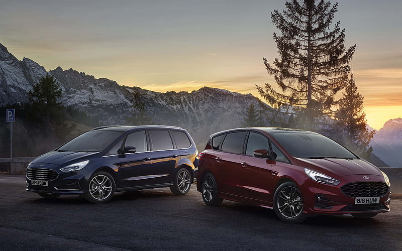 2021, Ford S-Max, Ford Galaxy, comparison, exterior, front view, new red S-Max, new blue Galaxy, minivans, American cars, Ford, HD wallpaper
